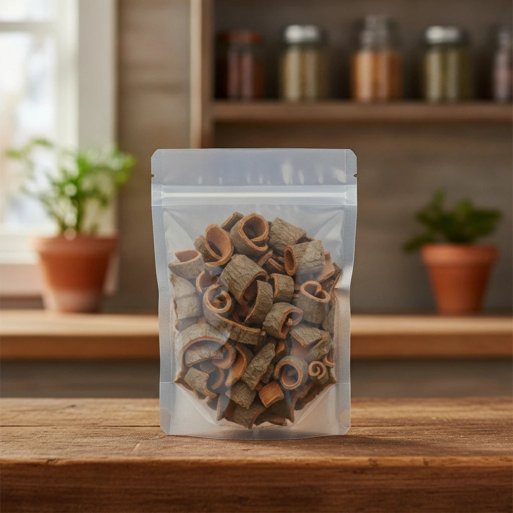 Magnolia Bark Cut (Magnolia Officinalis) | The herb/berry/powder/fruit/root/bark that is in the black bowl, i would like it to shown in a plastic stand up resalable pouch that is clear.