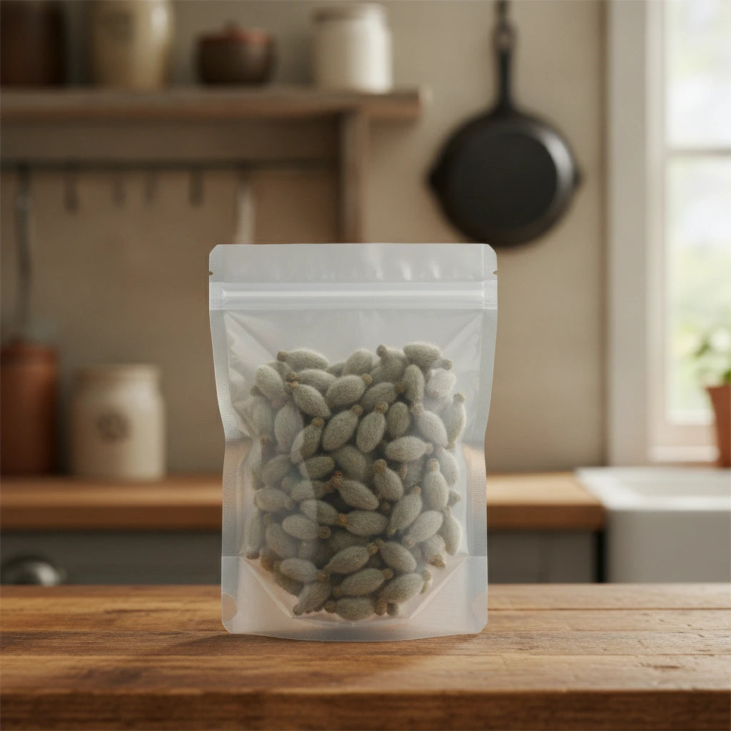 Magnolia Flower Bud (Magnolia Biondii) | The herb/berry/powder/fruit/root/bark that is in the black bowl, i would like it to shown in a plastic stand up resalable pouch that is clear.