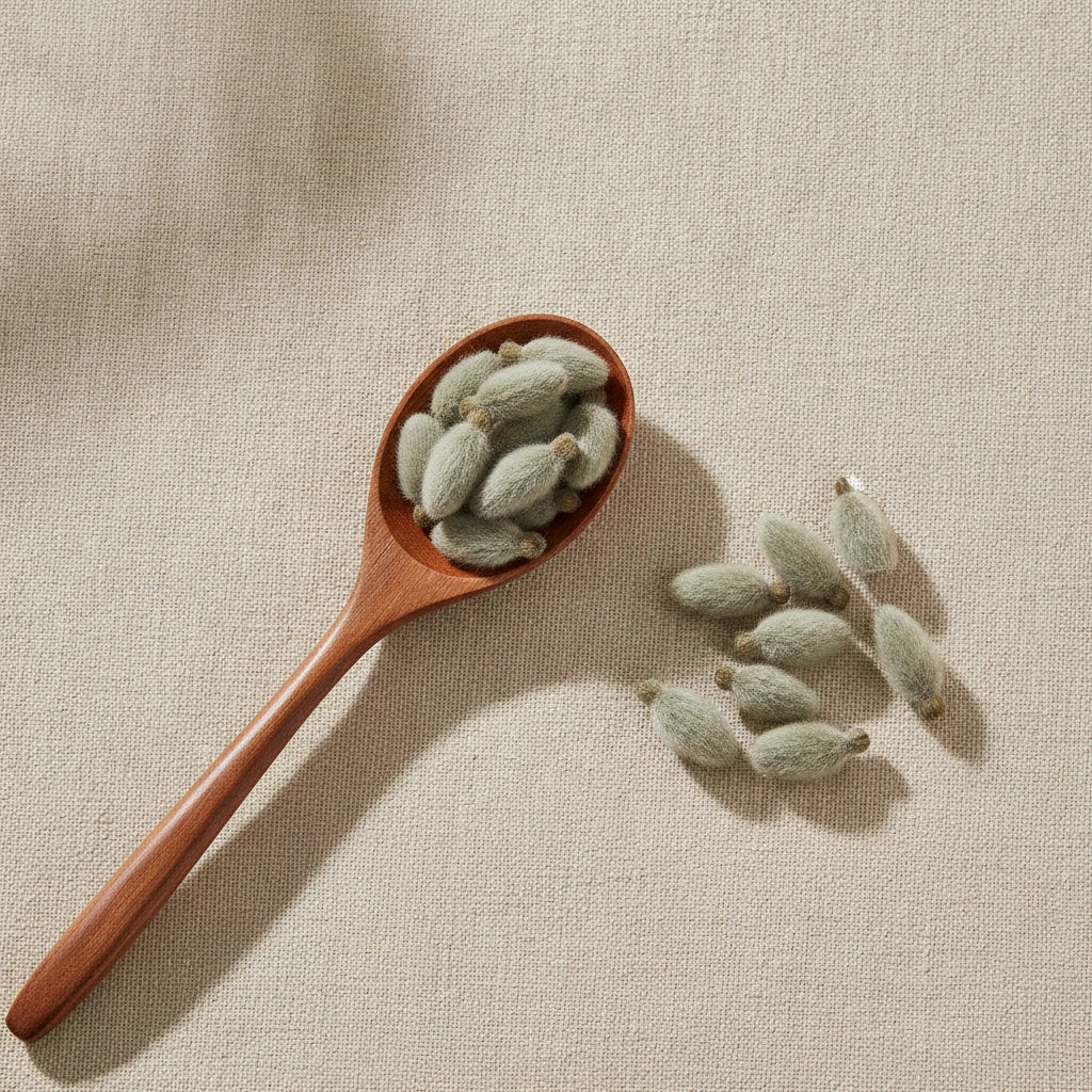 Magnolia Flower Bud (Magnolia Biondii) | Create a luxurious, photorealistic product photograph featuring the original product naturally arranged in an elegant handcrafted wooden spoon on a soft, finely