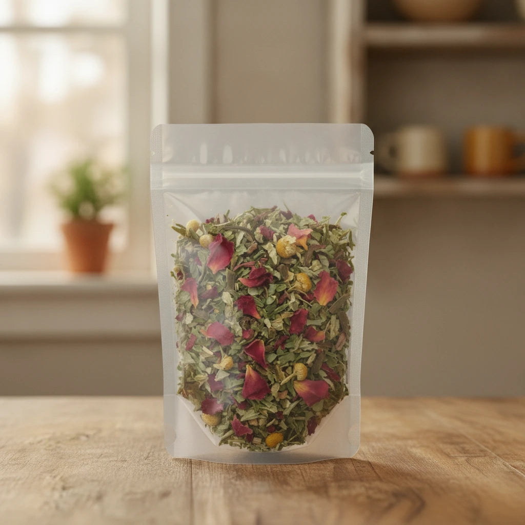 Mama To Be Herbal Tea | The herb/powder/tea that is in the black bowl, i would like it to shown in a plastic stand up resalable bag that is clear.