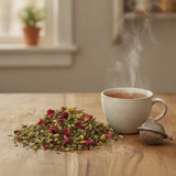 Mama To Be Herbal Tea | Can you show this tea outside of the bag and bowl, on a table next to a hot tea cup in a rustic home.