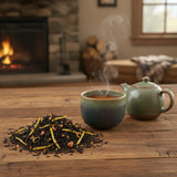 Mango Black Tea (Camellia Sinensis) | Can you show this tea outside of the bag and bowl, on a table next to a hot tea cup in a rustic home.