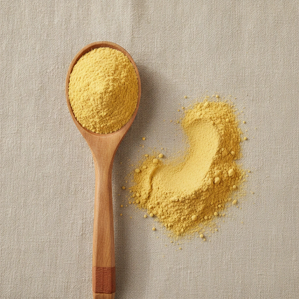 Mango Juice Powder (Mangifera Indica) | Create a luxurious, photorealistic product photograph featuring the original product naturally arranged in an elegant handcrafted wooden spoon on a soft, finely