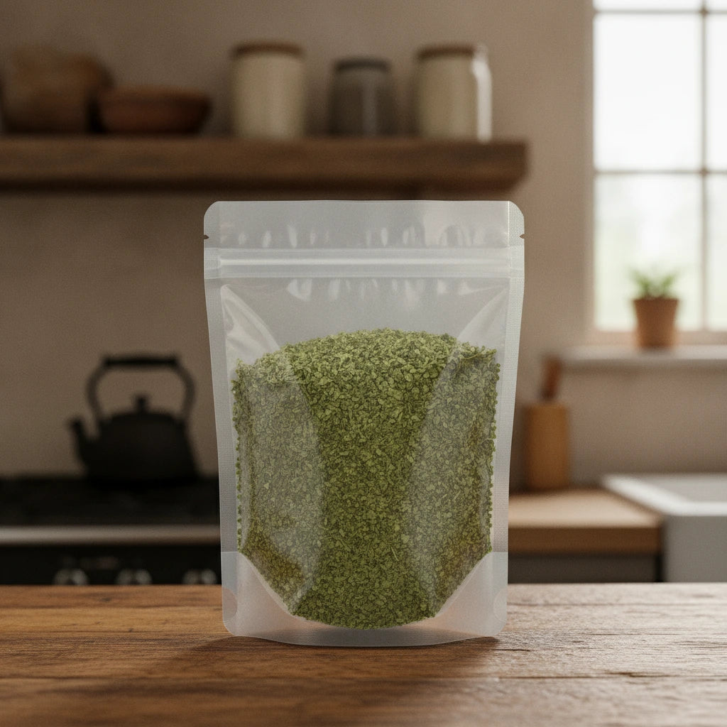 Marshmallow Leaf Cut (Althaea Officinalis) | The herb/berry/powder/fruit/root/bark that is in the black bowl, i would like it to shown in a plastic stand up resalable pouch that is clear.