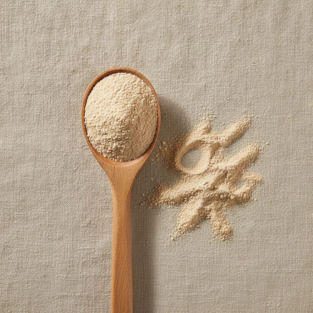 Marshmallow Root Powder (Althaea Officinalis) | Create a luxurious, photorealistic product photograph featuring the original product naturally arranged in an elegant handcrafted wooden spoon on a soft, finely