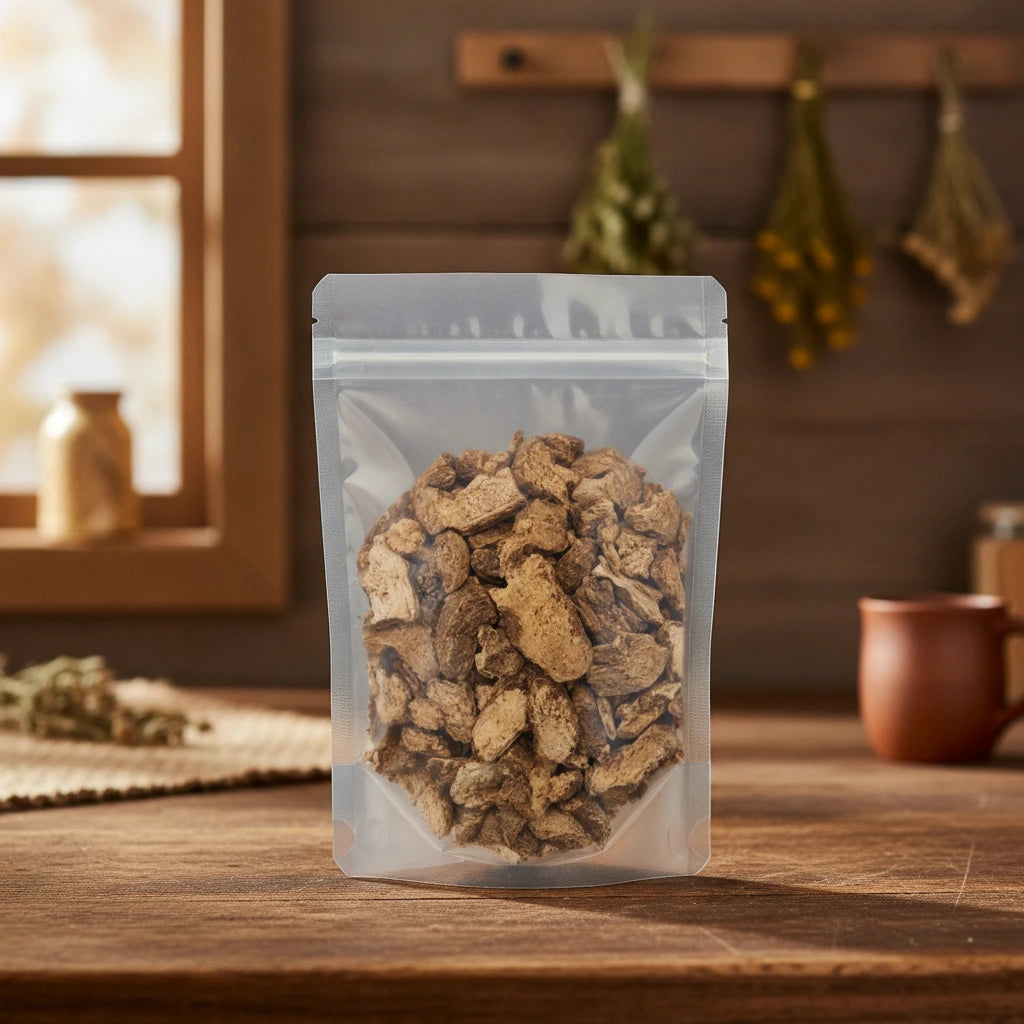Marvel of Peru Root Pieces (Mirabilis Jalapa) | The herb/berry/powder/fruit/root/bark that is in the black bowl, i would like it to shown in a plastic stand up resalable pouch that is clear.