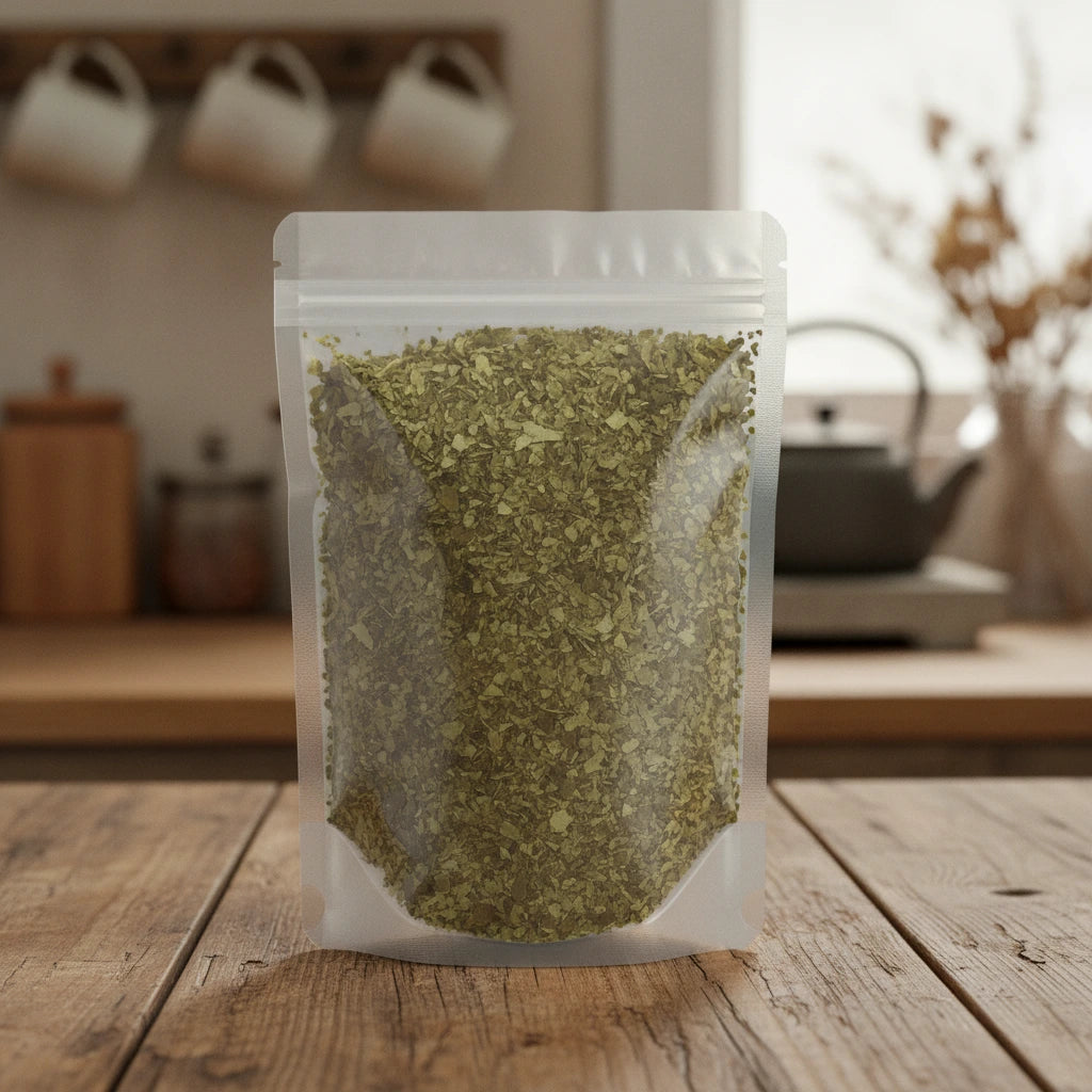 Mistletoe Leaf Cut (Viscum Album) | The herb/berry/powder/fruit/root/bark that is in the black bowl, i would like it to shown in a plastic stand up resalable pouch that is clear.