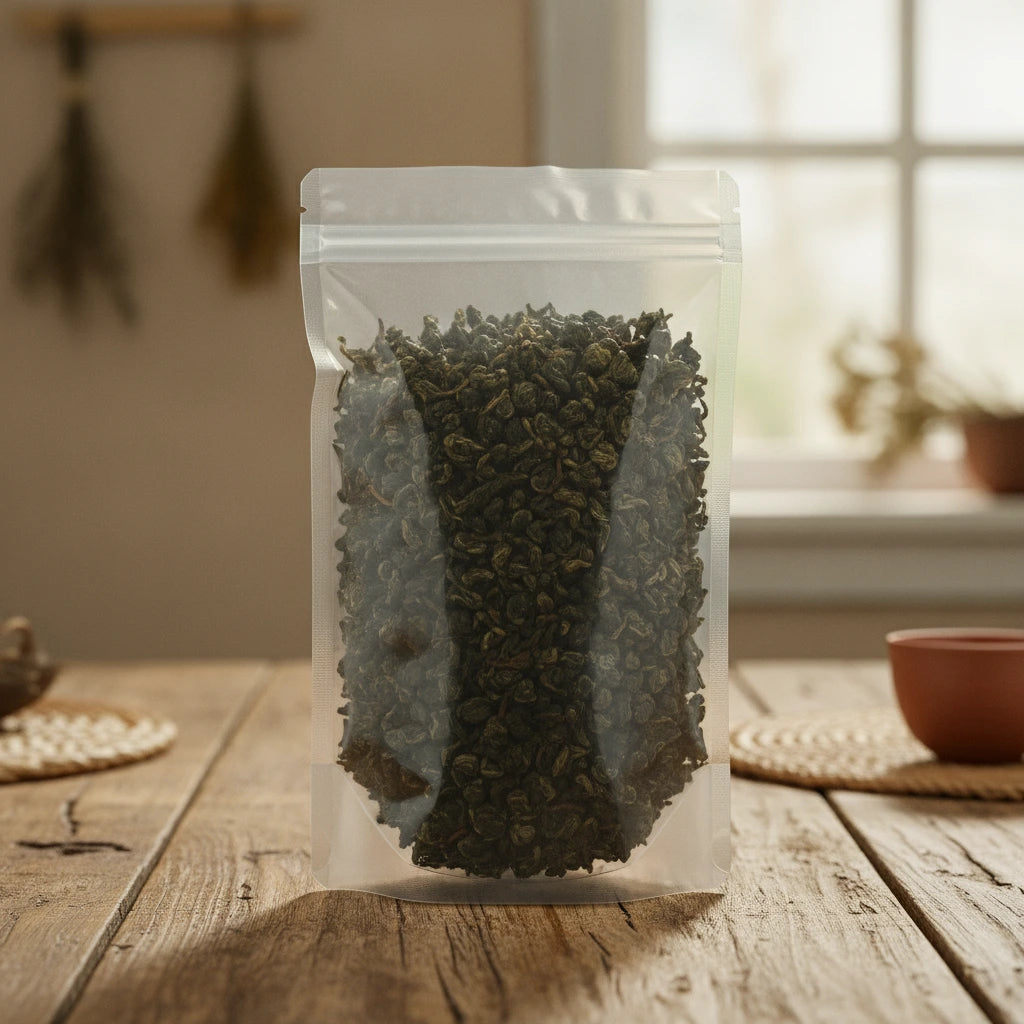Monkey Picked Oolong Tea (Camellia Sinensis) | The herb/powder/tea that is in the black bowl, i would like it to shown in a plastic stand up resalable bag that is clear.