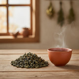 Monkey Picked Oolong Tea (Camellia Sinensis) | Can you show this tea outside of the bag and bowl, on a table next to a hot tea cup in a rustic home.