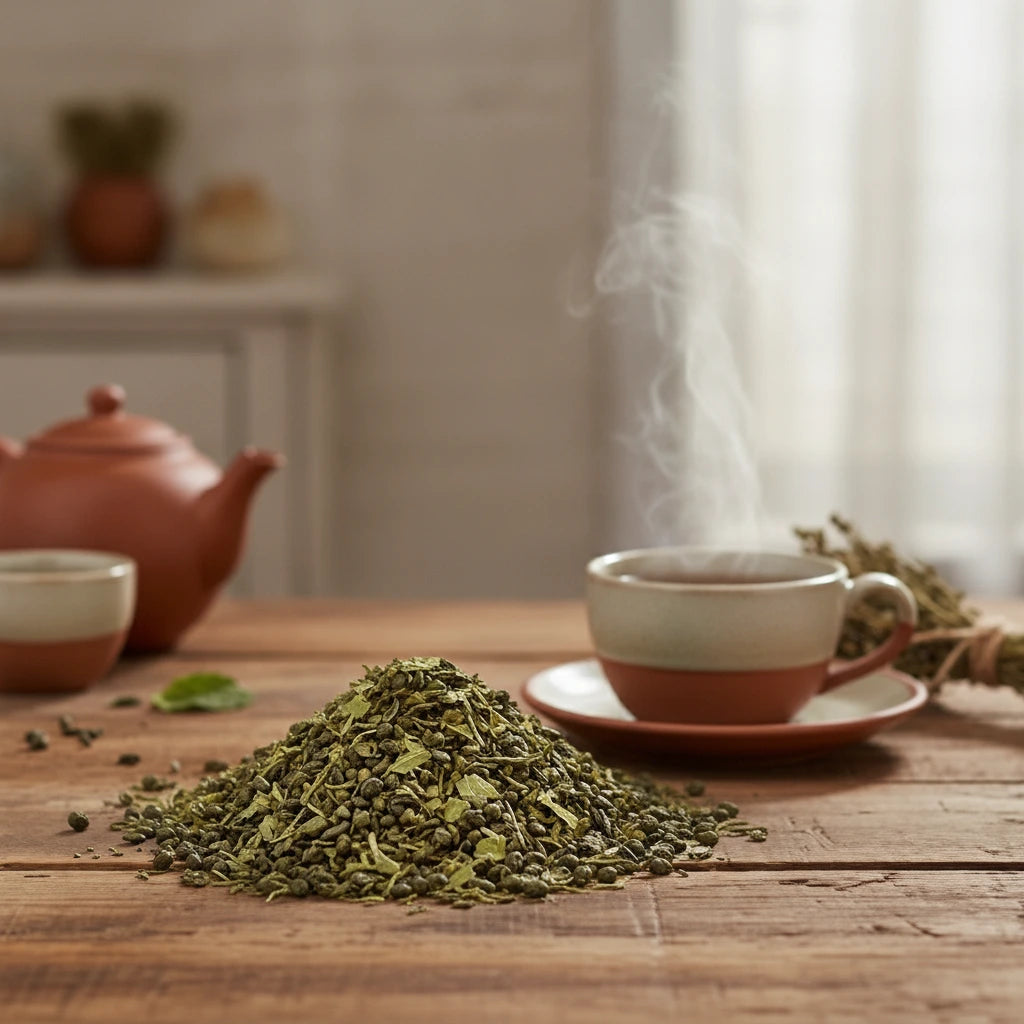 Moroccan Mint Green Tea (Camellia Sinensis) | Can you show this tea outside of the bag and bowl, on a table next to a hot tea cup in a rustic home.