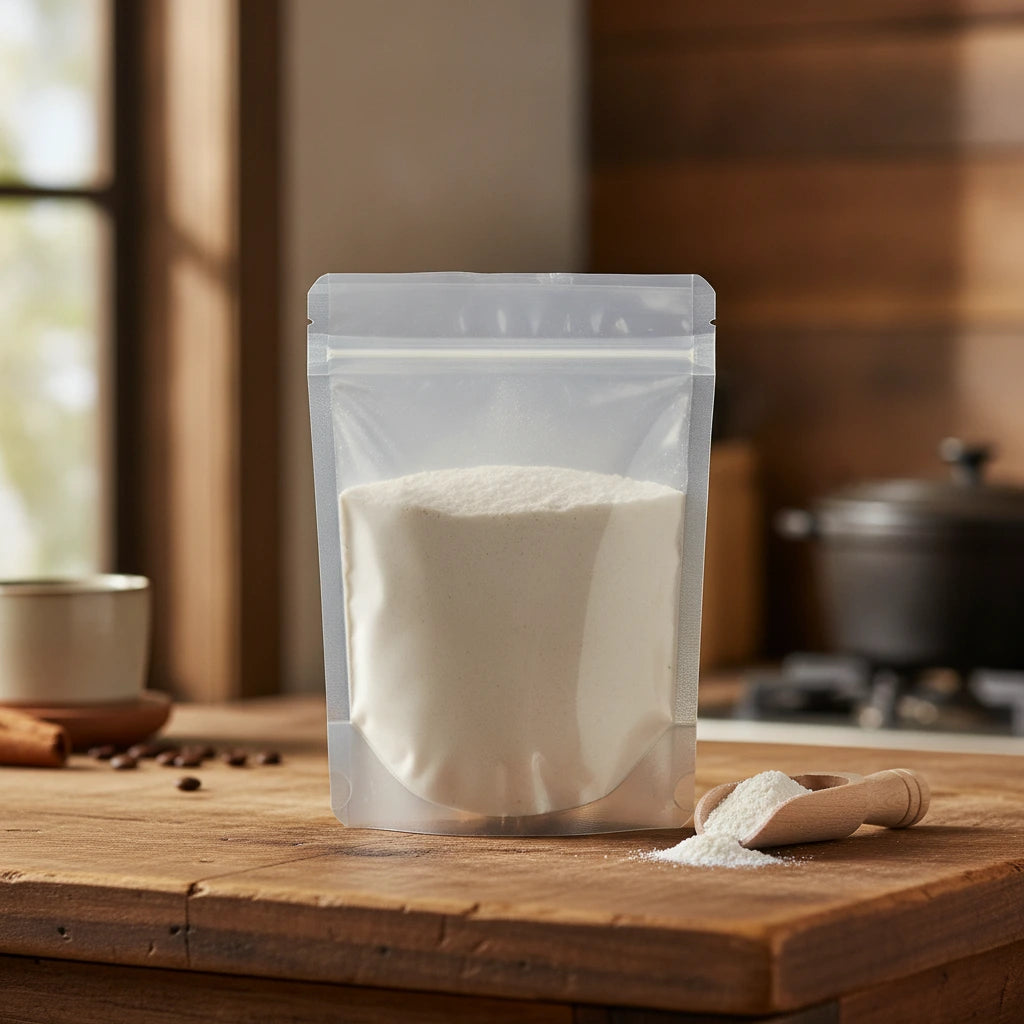 Mother-of-Pearl Shell Powder (Pteria Martensii) | The herb/berry/powder/fruit/root/bark that is in the black bowl, i would like it to shown in a plastic stand up resalable pouch that is clear.