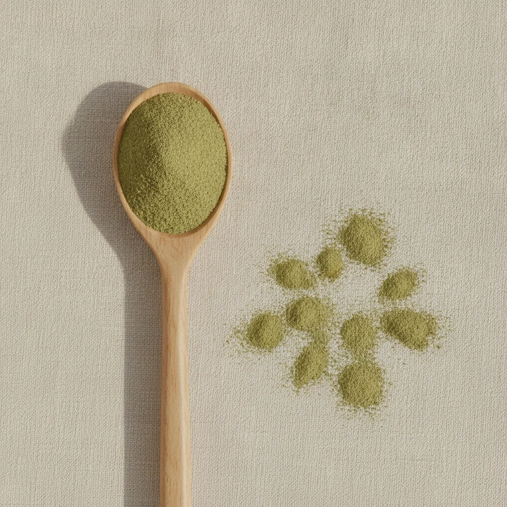 Motherwort Herb Powder (Leonurus Cardiaca) | Create a luxurious, photorealistic product photograph featuring the original product naturally arranged in an elegant handcrafted wooden spoon on a soft, finely