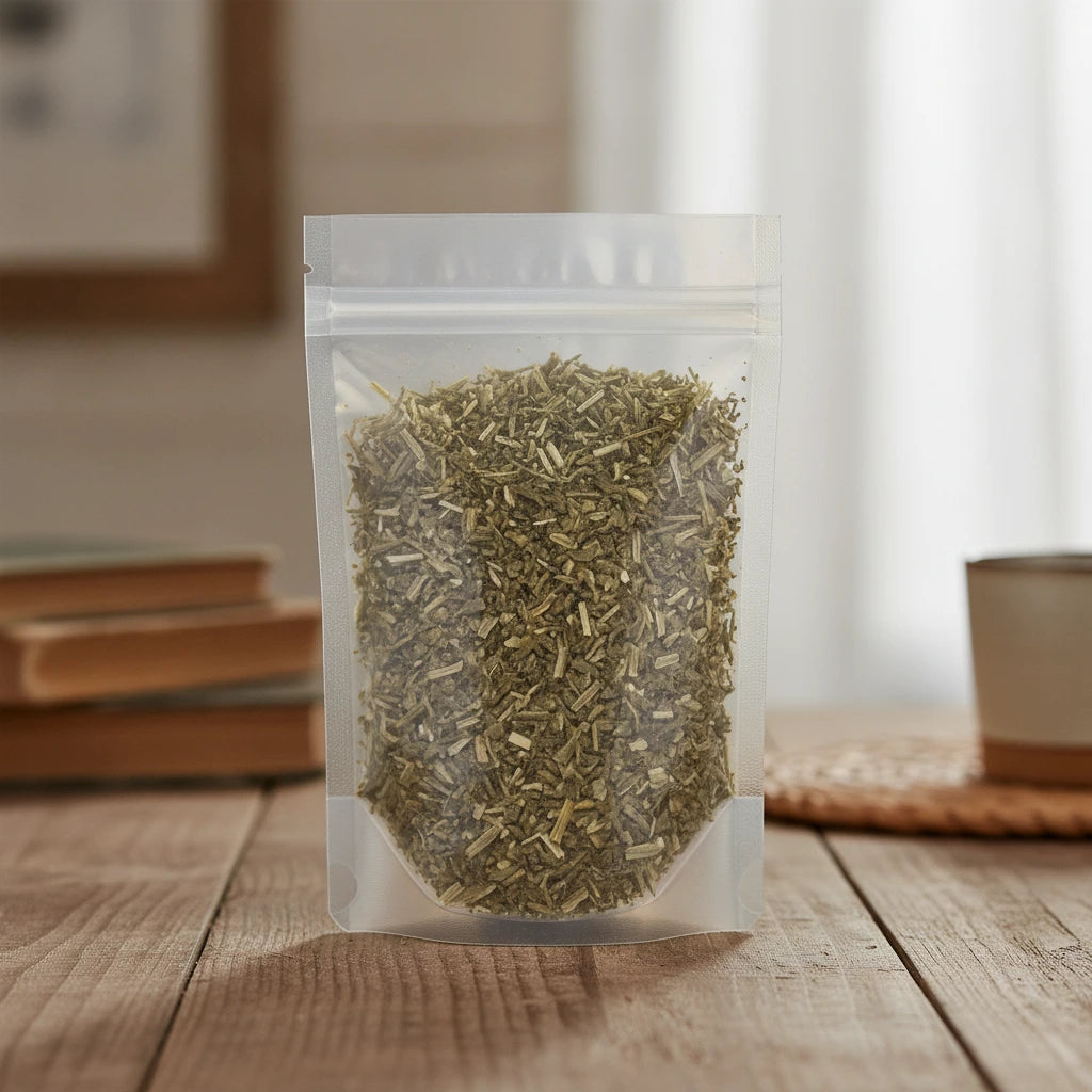 Mugwort Herb Cut (Artemisia Vulgaris) | The herb/berry/powder/fruit/root/bark that is in the black bowl, i would like it to shown in a plastic stand up resalable pouch that is clear.