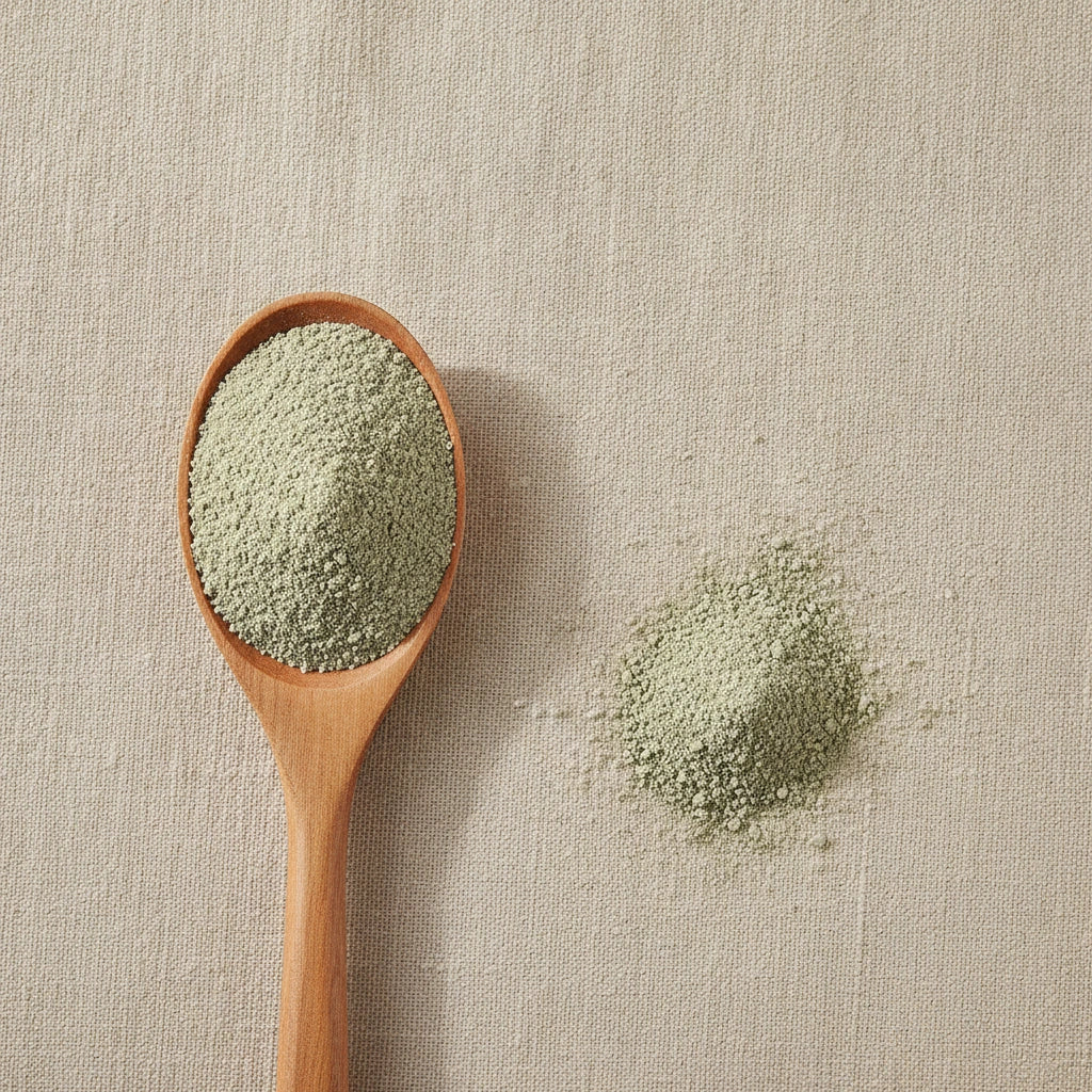 Mugwort Herb Powder (Artemisia Vulgaris) | Create a luxurious, photorealistic product photograph featuring the original product naturally arranged in an elegant handcrafted wooden spoon on a soft, finely