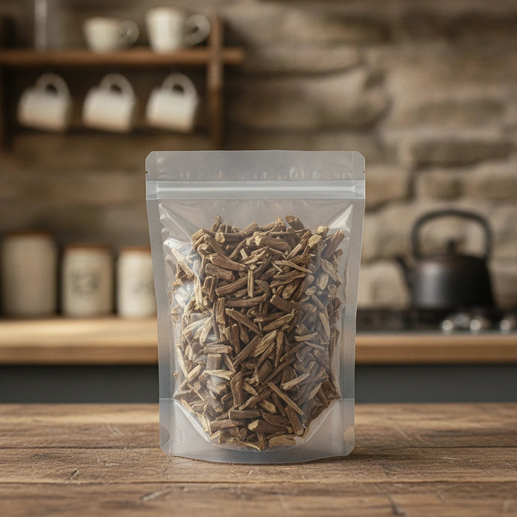 Mulberry Root Bark Pieces (Morus Alba) | The herb/berry/powder/fruit/root/bark that is in the black bowl, i would like it to shown in a plastic stand up resalable pouch that is clear.