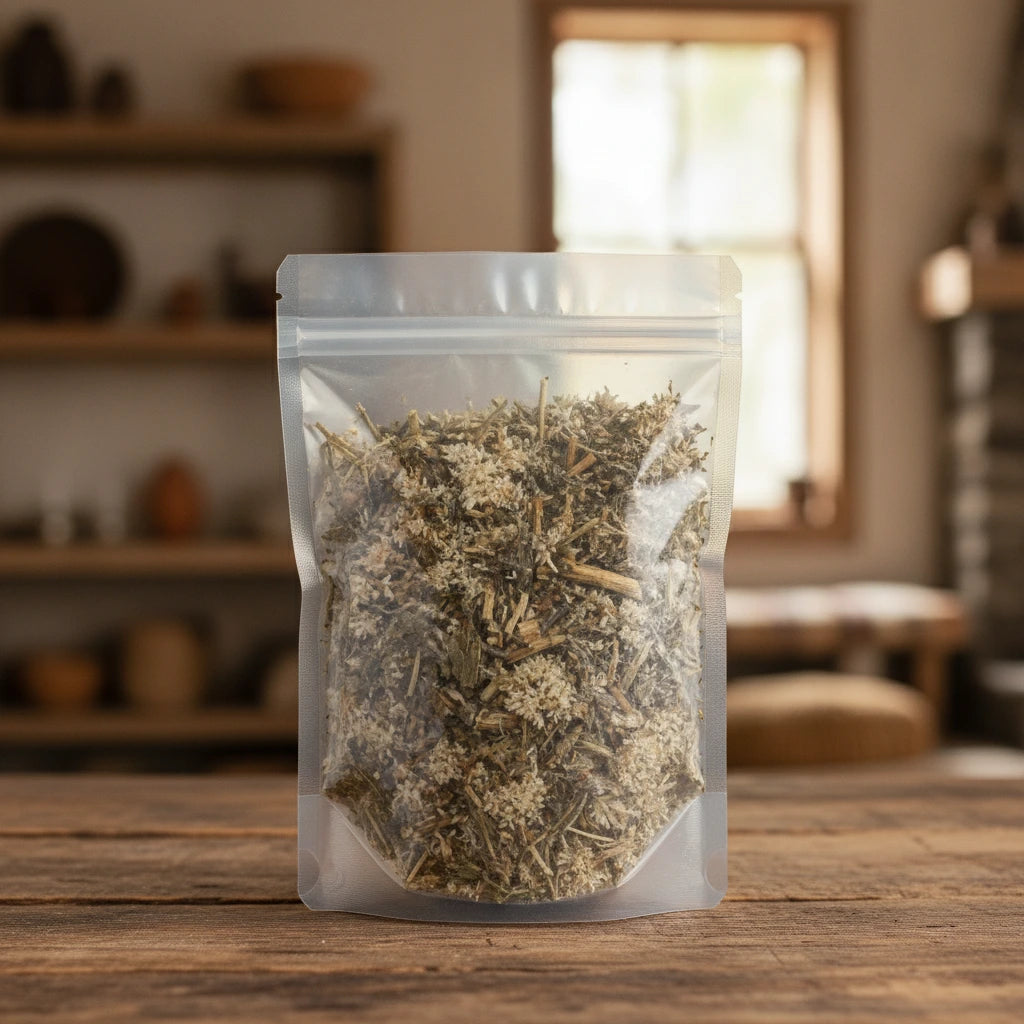 Mullein Flowers Whole (Gnaphalium Spp.) | The herb/berry/powder/fruit/root/bark that is in the black bowl, i would like it to shown in a plastic stand up resalable pouch that is clear.