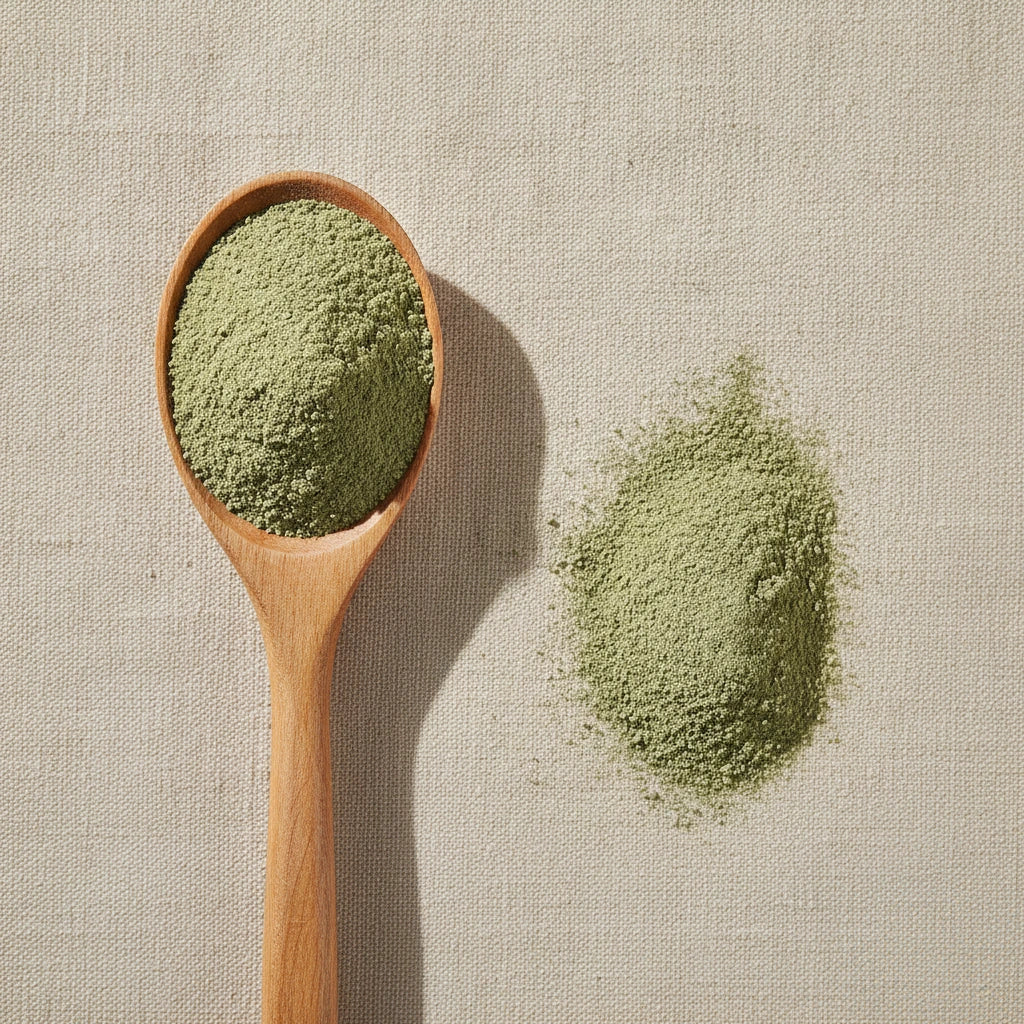 Mullein Leaf Powder (Verbascum Thapsus) | Create a luxurious, photorealistic product photograph featuring the original product naturally arranged in an elegant handcrafted wooden spoon on a soft, finely
