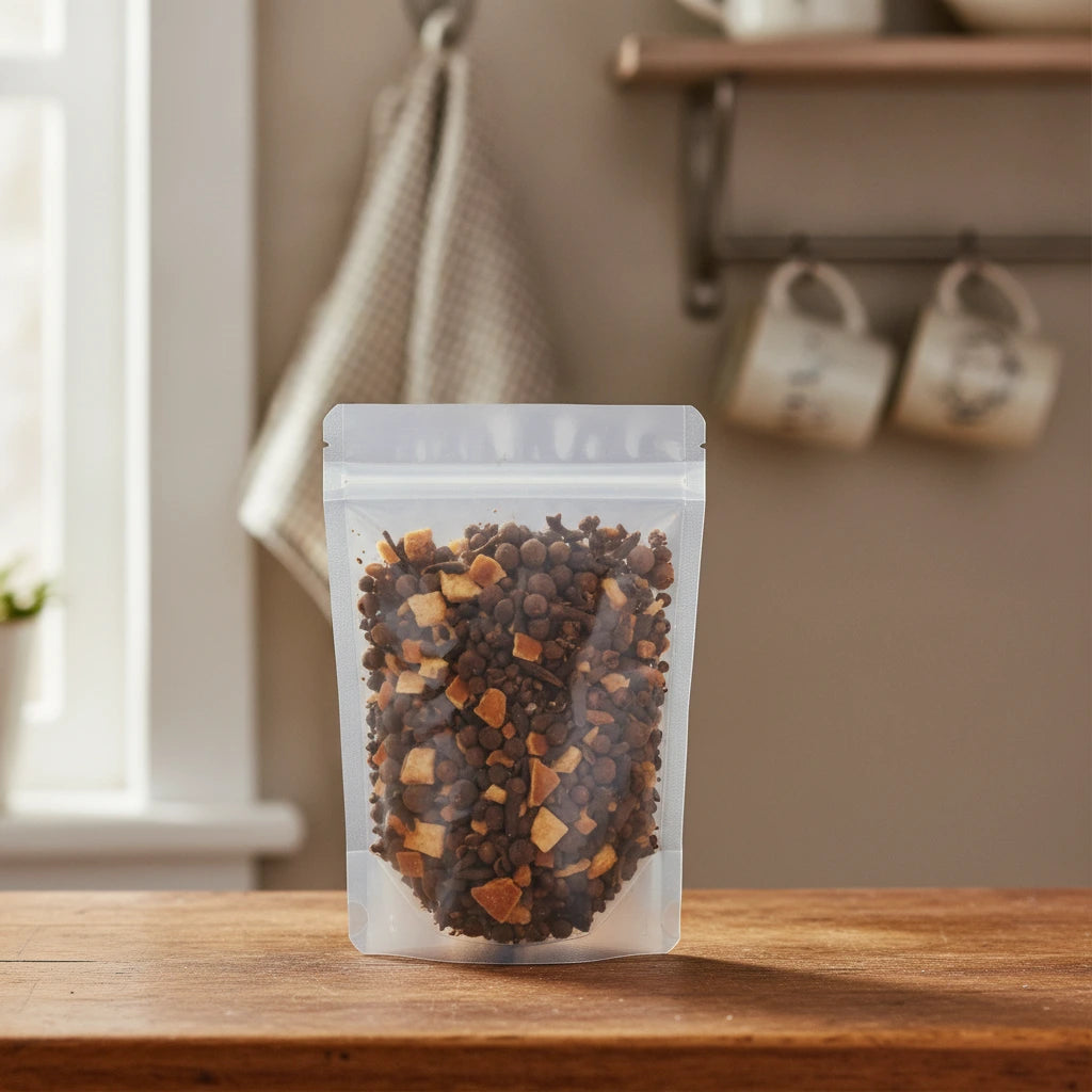Mulling Spices Blend | The herb/berry/powder/fruit/root/bark that is in the black bowl, i would like it to shown in a plastic stand up resalable pouch that is clear.