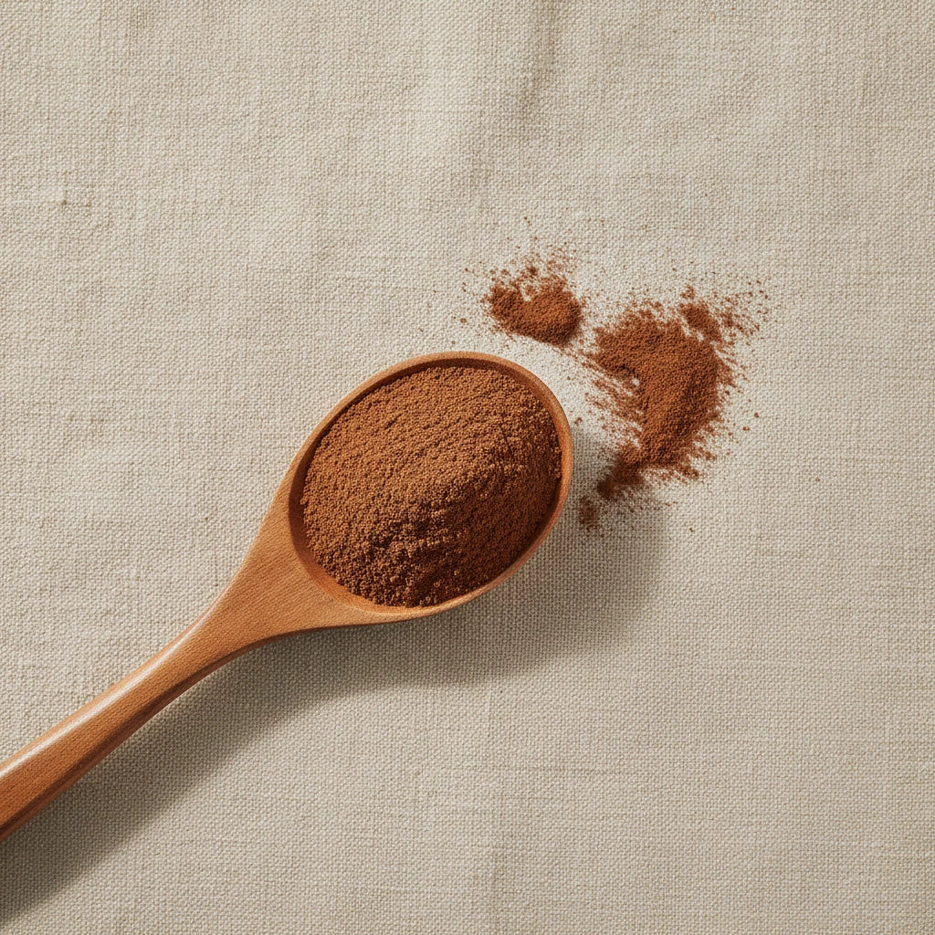 Myrrh Gum Powder (Commiphora Molmol) | Create a luxurious, photorealistic product photograph featuring the original product naturally arranged in an elegant handcrafted wooden spoon on a soft, finely