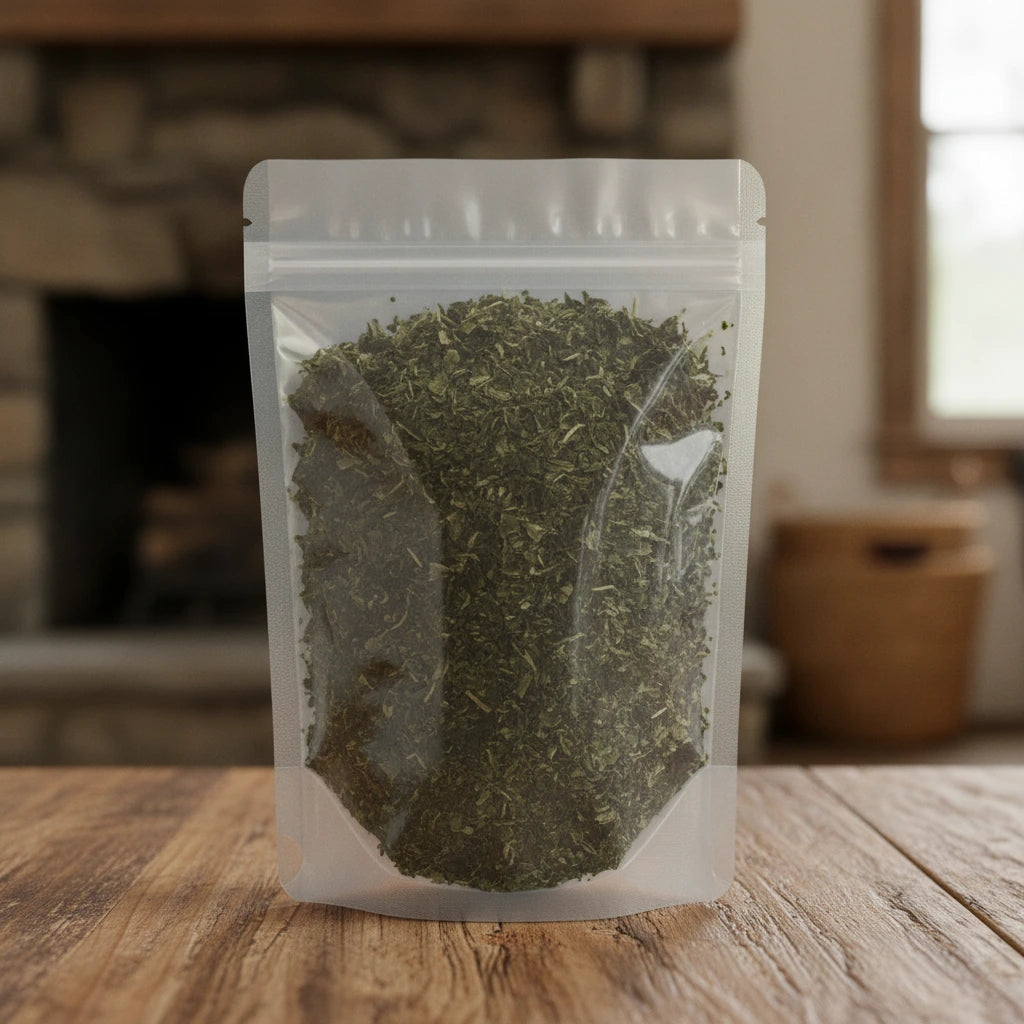 Nettle Leaf Cut (Urtica Dioica) | The herb/berry/powder/fruit/root/bark that is in the black bowl, i would like it to shown in a plastic stand up resalable pouch that is clear.