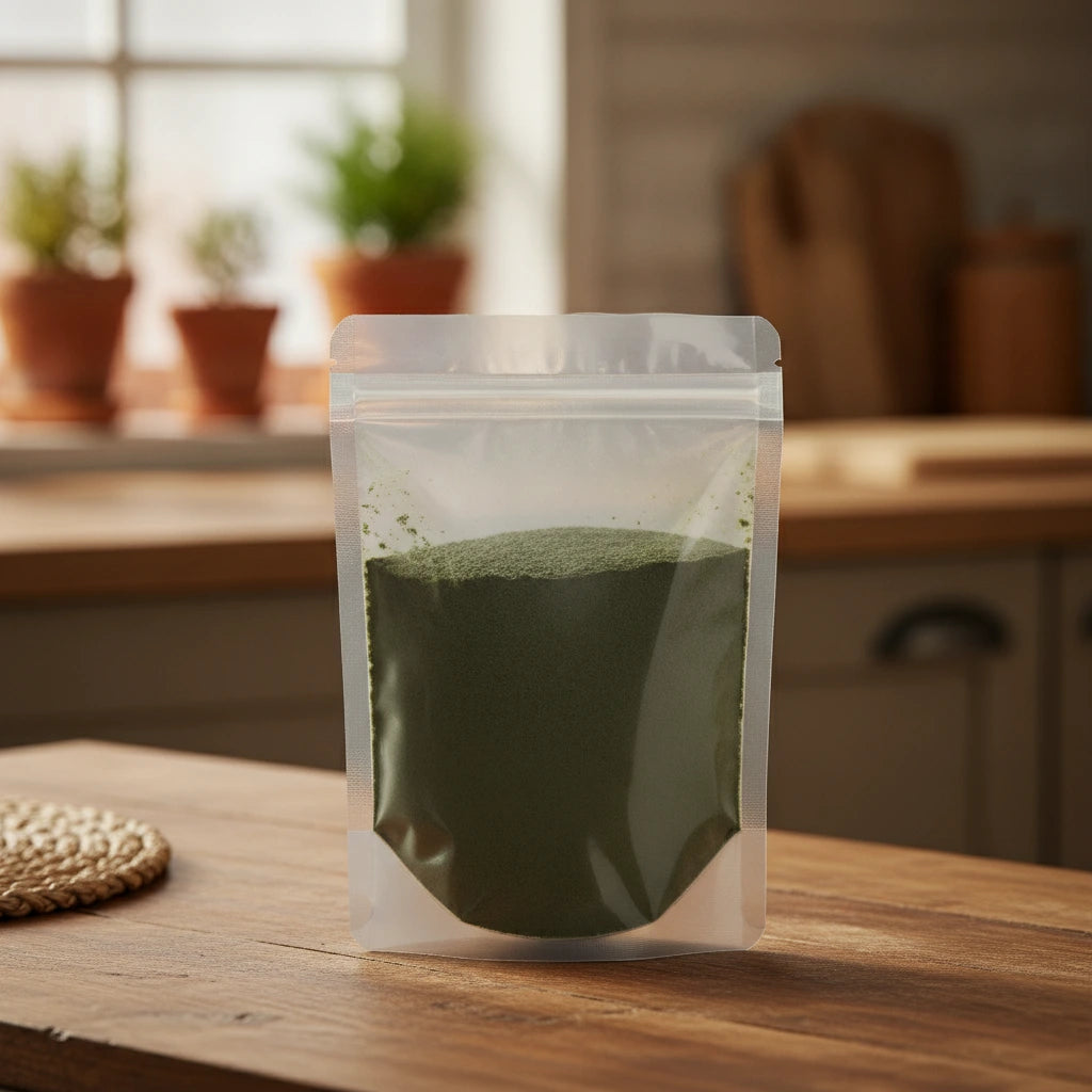 Nettle Leaf Powder (Urtica Dioica) | The herb/berry/powder/fruit/root/bark that is in the black bowl, i would like it to shown in a plastic stand up resalable pouch that is clear.