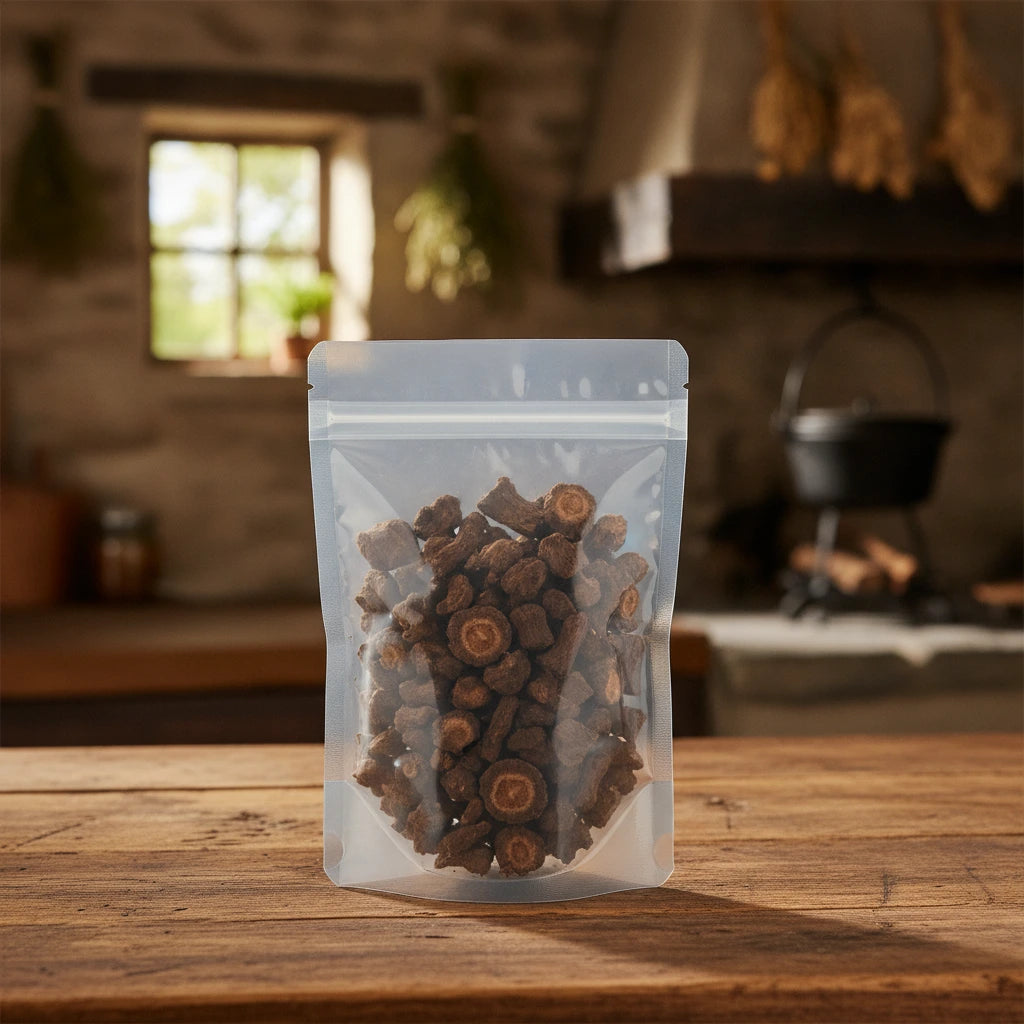 Notopterygium Root Whole (Notopterygium Incisum) | The herb/berry/powder/fruit/root/bark that is in the black bowl, i would like it to shown in a plastic stand up resalable pouch that is clear.