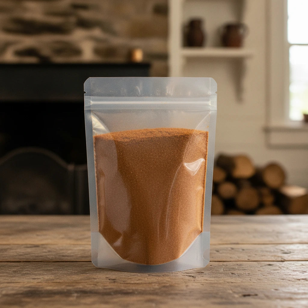 Old Bay Spice Blend | The herb/berry/powder/fruit/root/bark that is in the black bowl, i would like it to shown in a plastic stand up resalable pouch that is clear.