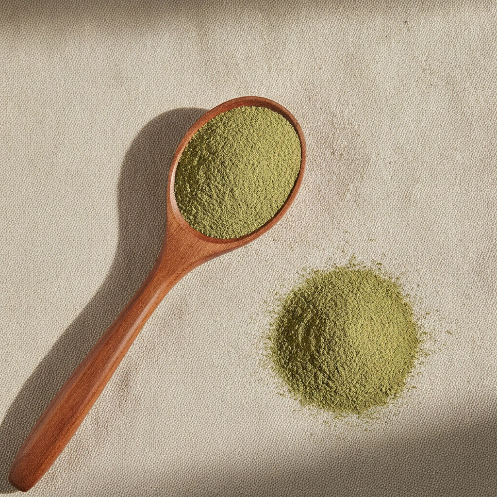 Olive Leaf Powder (Olea Europaea) | Create a luxurious, photorealistic product photograph featuring the original product naturally arranged in an elegant handcrafted wooden spoon on a soft, finely