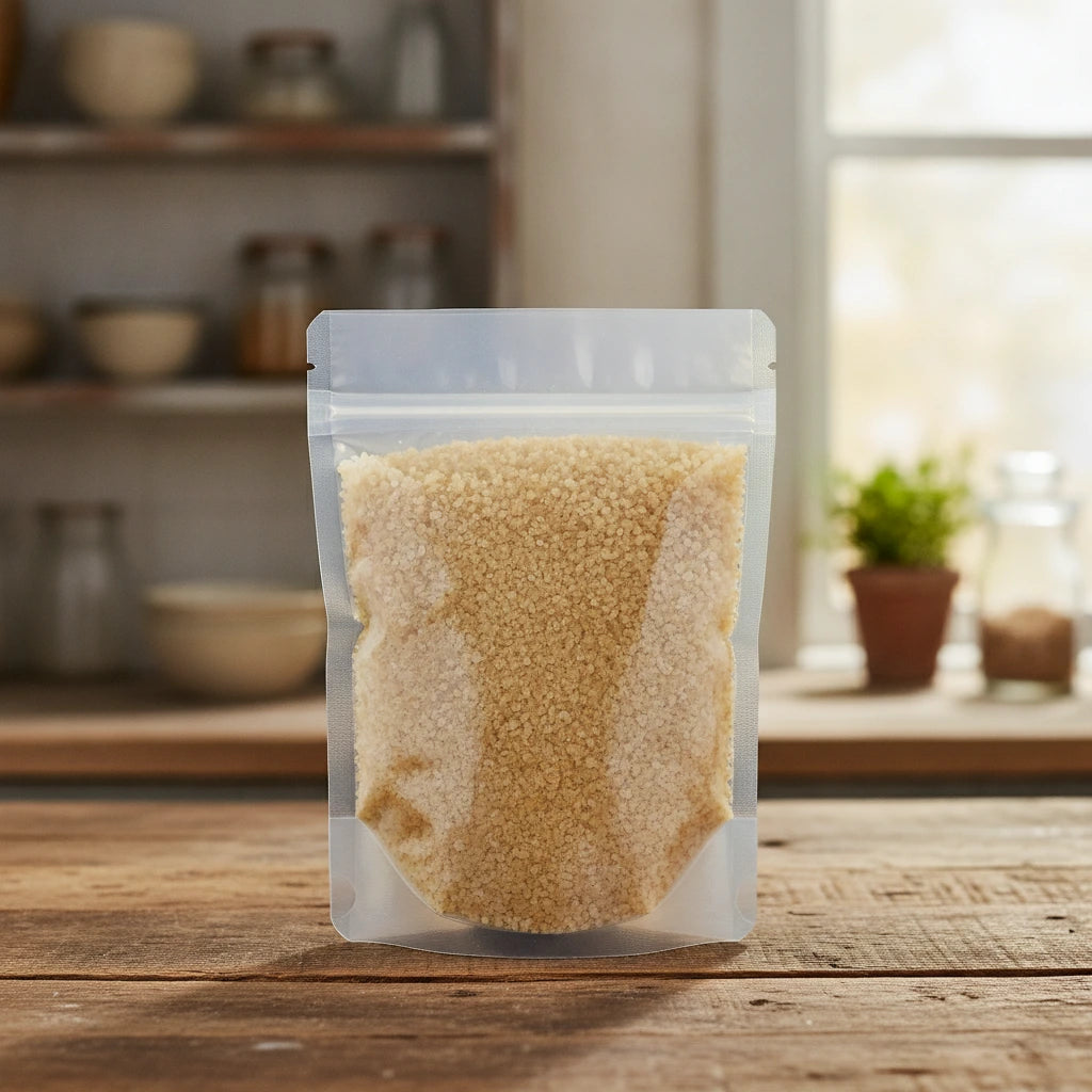 Onion Granules (Allium Cepa) | The herb/berry/powder/fruit/root/bark that is in the black bowl, i would like it to shown in a plastic stand up resalable pouch that is clear.