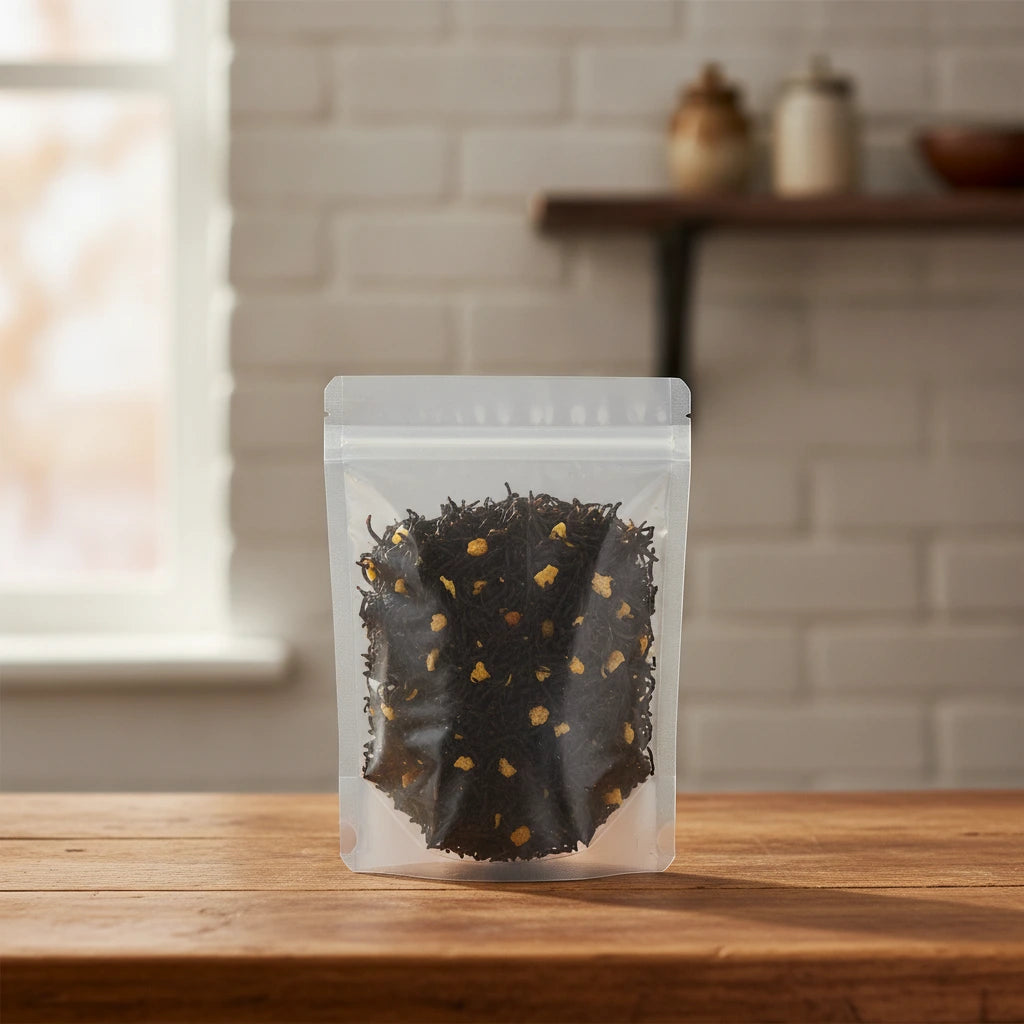 Orange Spice Black Tea (Camellia Sinensis) | The herb/powder/tea that is in the black bowl, i would like it to shown in a plastic stand up resalable bag that is clear.