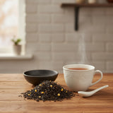 Orange Spice Black Tea (Camellia Sinensis) | Can you show this tea outside of the bag and bowl, on a table next to a hot tea cup in a rustic home.