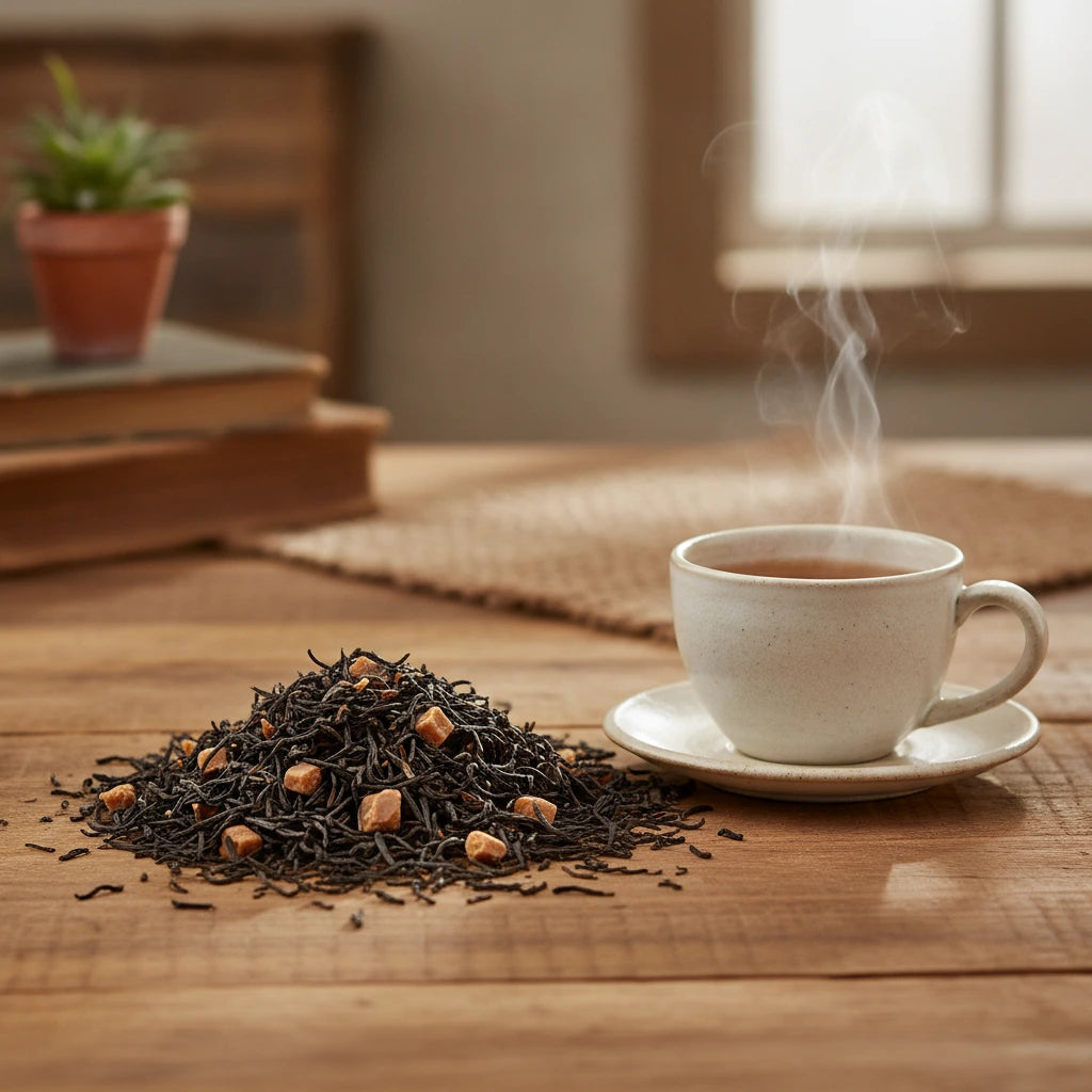 Orange Spice Cinnamon Black Tea (Camellia Sinensis) | Can you show this tea outside of the bag and bowl, on a table next to a hot tea cup in a rustic home.