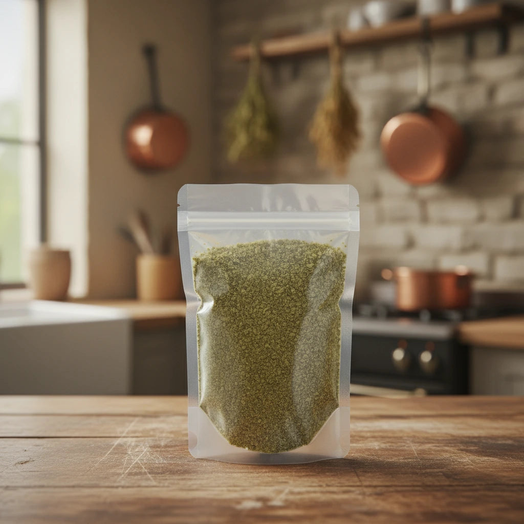 Oregano Leaf Cut (Mexican) (Lippia Graveolens) | The herb/berry/powder/fruit/root/bark that is in the black bowl, i would like it to shown in a plastic stand up resalable pouch that is clear.