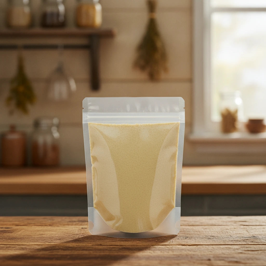 Oregon Grape Root Powder (Mahonia Aquifolium) | The herb/berry/powder/fruit/root/bark that is in the black bowl, i would like it to shown in a plastic stand up resalable pouch that is clear.