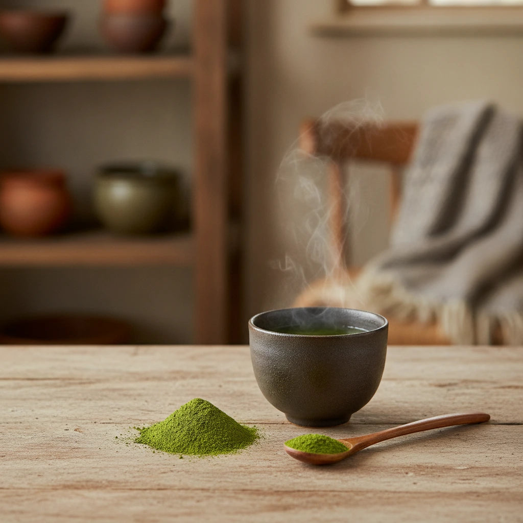 Organic Japanese Matcha, Culinary Grade (Camellia Sinensis) | Can you show this tea outside of the bag and bowl, on a table next to a hot tea cup in a rustic home.