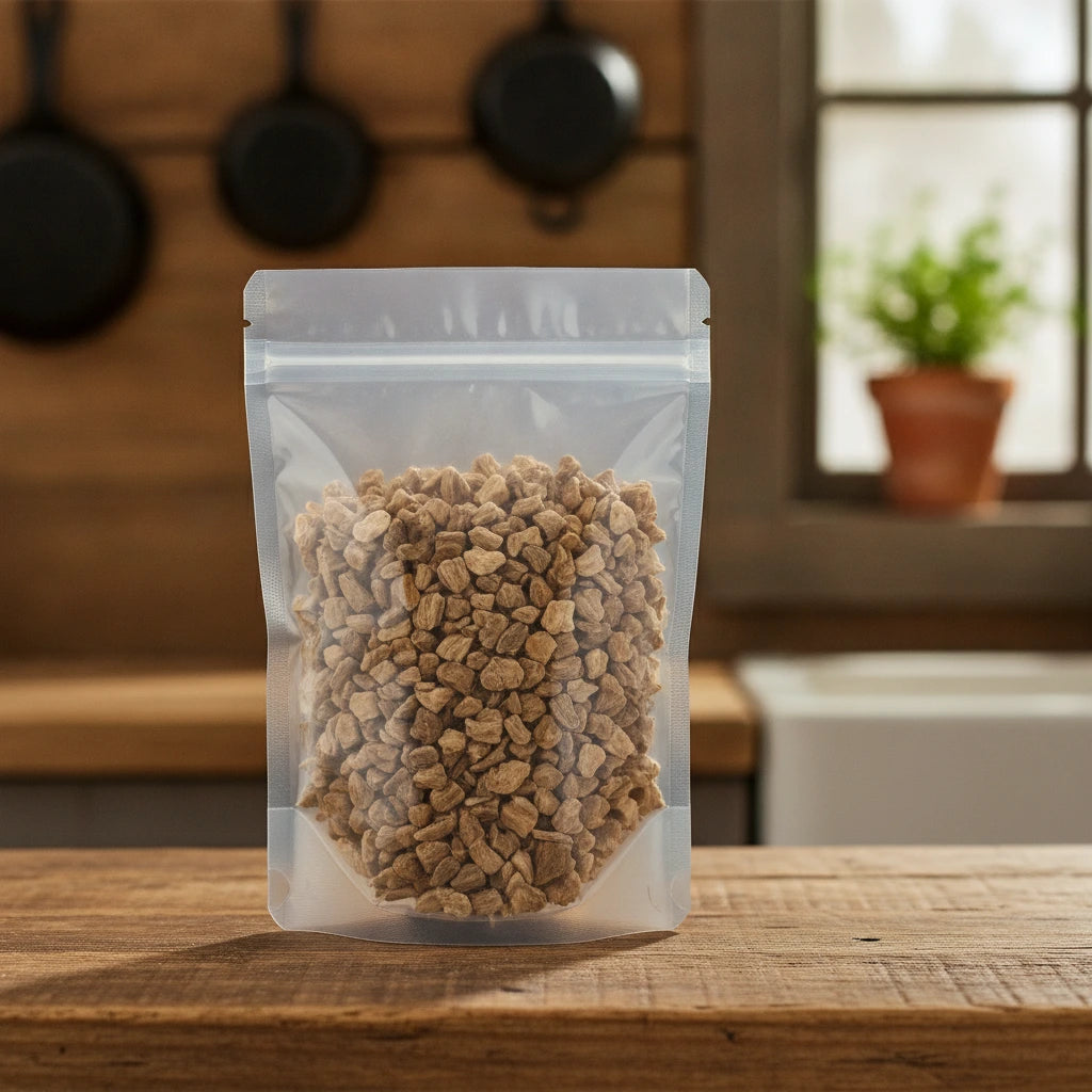 Orris Root Cut (Iris Germanica) | The herb/berry/powder/fruit/root/bark that is in the black bowl, i would like it to shown in a plastic stand up resalable pouch that is clear.