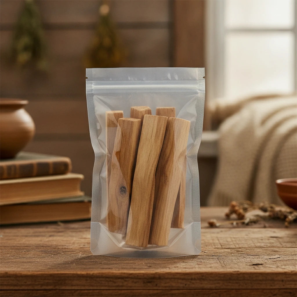 Palo Santo Wood Sticks 4" (Bursera Graveolens) | The herb/berry/powder/fruit/root/bark that is in the black bowl, i would like it to shown in a plastic stand up resalable pouch that is clear.