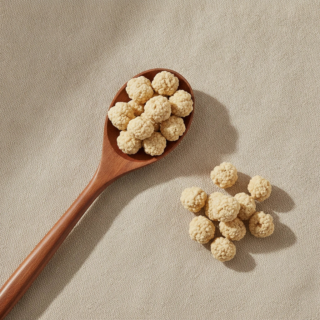 Panax Ginseng Flowers Whole (Panax Notoginseng) | Create a luxurious, photorealistic product photograph featuring the original product naturally arranged in an elegant handcrafted wooden spoon on a soft, finely
