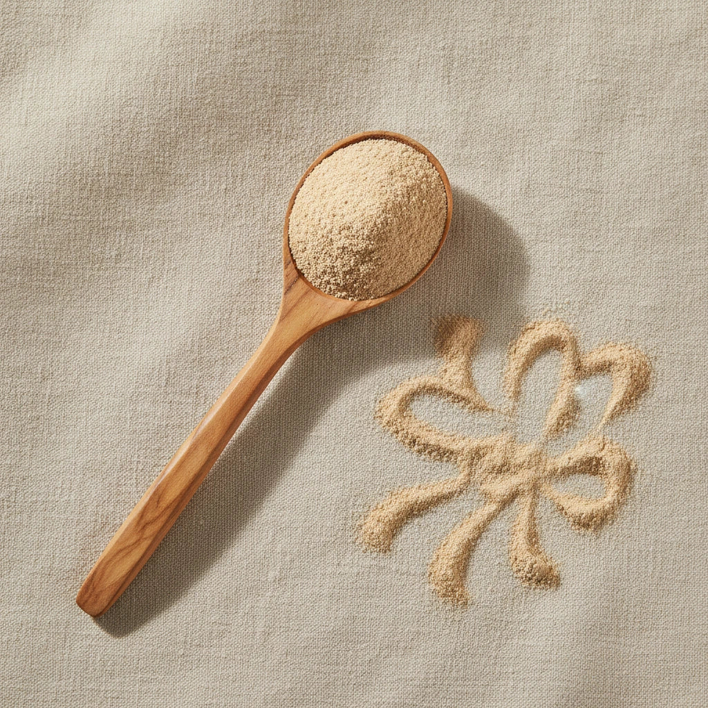 Panax Ginseng Powder (Panax Notoginseng) | Create a luxurious, photorealistic product photograph featuring the original product naturally arranged in an elegant handcrafted wooden spoon on a soft, finely