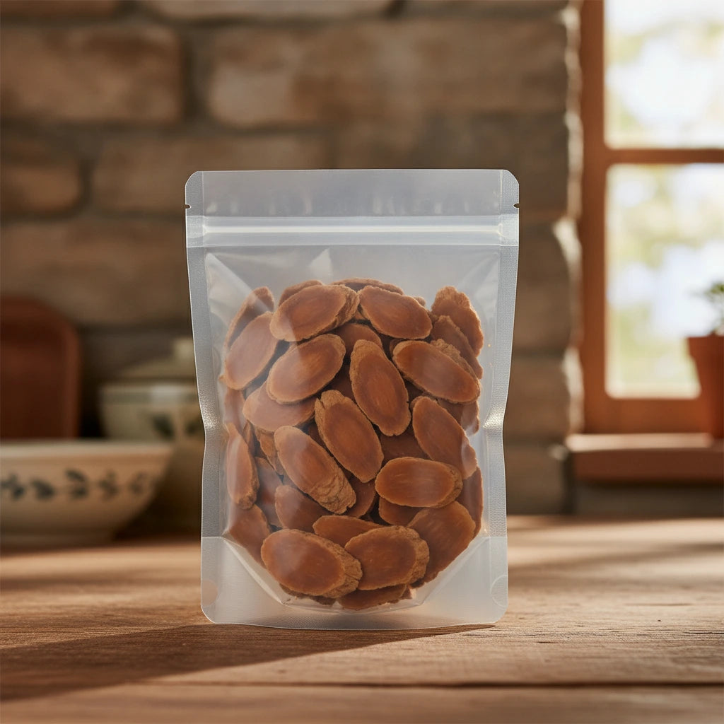 Panax Ginseng Root Slices (Panax Notoginseng) | The herb/berry/powder/fruit/root/bark that is in the black bowl, i would like it to shown in a plastic stand up resalable pouch that is clear.
