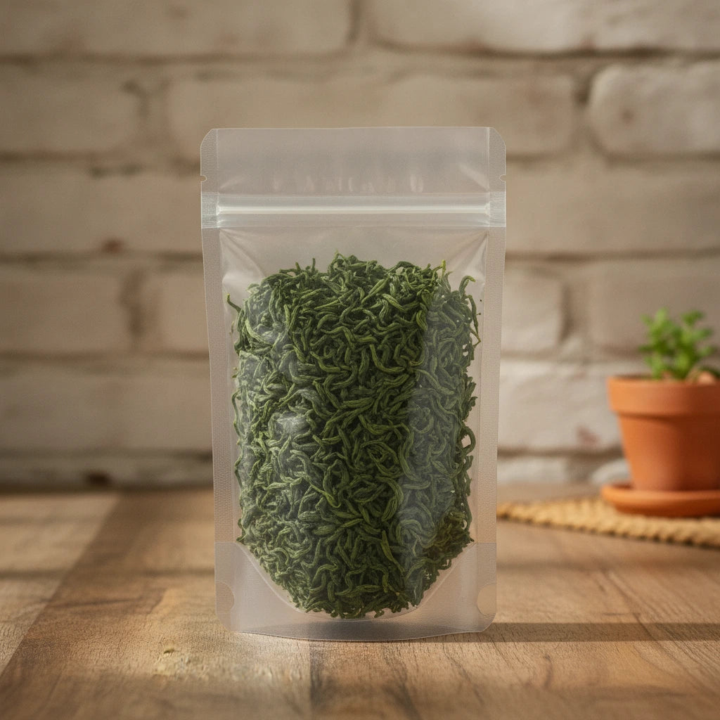Panfired Green Tea (Camellia Sinensis) | The herb/berry/powder/fruit/root/bark that is in the black bowl, i would like it to shown in a plastic stand up resalable pouch that is clear.