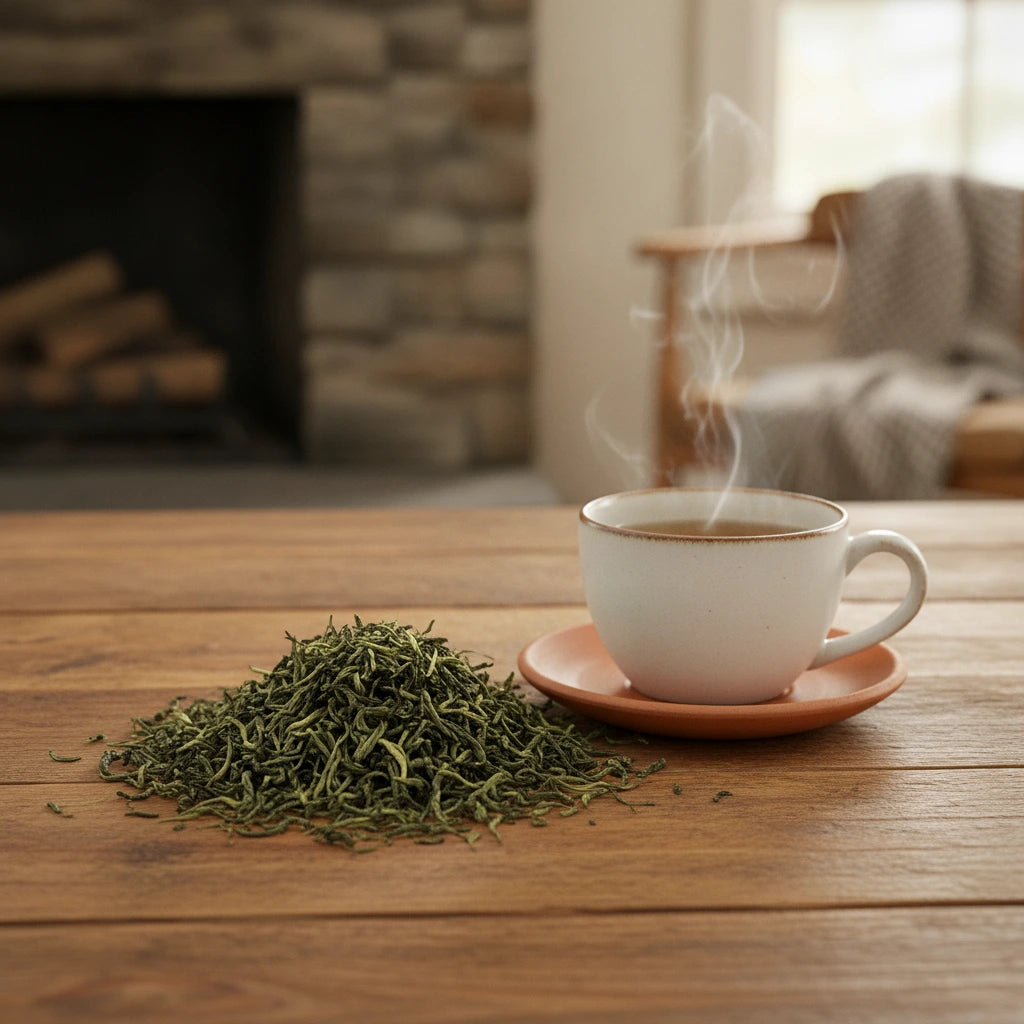 Panfired Green Tea (Camellia Sinensis) | Can you show this tea outside of the bag and bowl, on a table next to a hot tea cup in a rustic home.