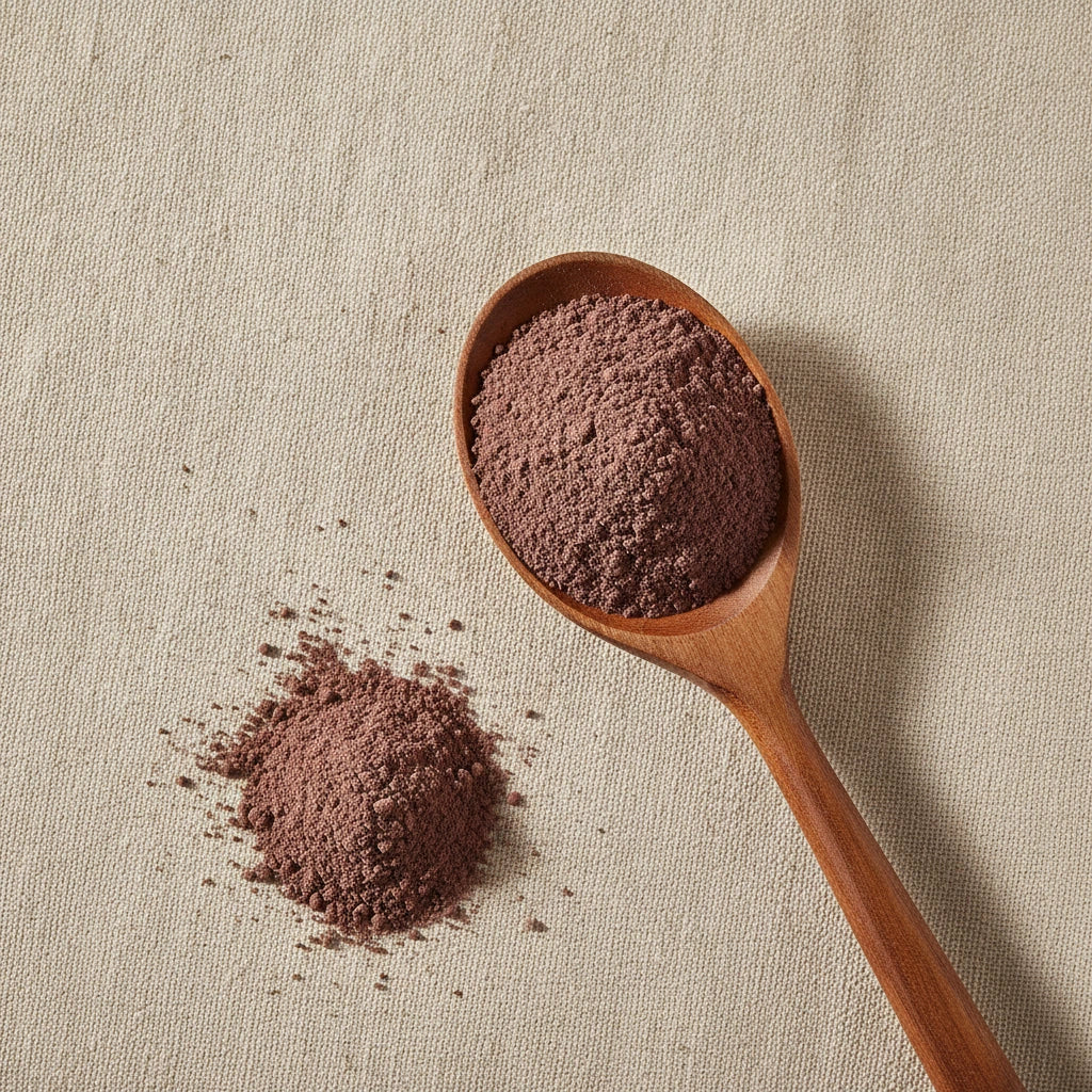 Paper Flower Powder (Bougainvillea Glabra) | Create a luxurious, photorealistic product photograph featuring the original product naturally arranged in an elegant handcrafted wooden spoon on a soft, finely