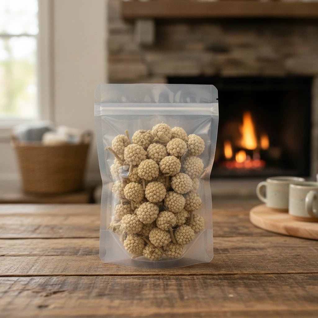 Paperbush Flower Whole (Edgeworthia Chrysantha) | The herb/berry/powder/fruit/root/bark that is in the black bowl, i would like it to shown in a plastic stand up resalable pouch that is clear.