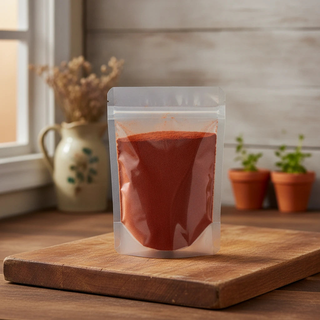 Paprika Powder (Smoked) (Capsicum Annuum) | The herb/berry/powder/fruit/root/bark that is in the black bowl, i would like it to shown in a plastic stand up resalable pouch that is clear.