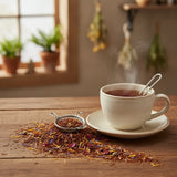 Paradiso Red Rooibos Herbal Tea (Aspalathus Linearis) | Can you show this tea outside of the bag and bowl, on a table next to a hot tea cup in a rustic home.
