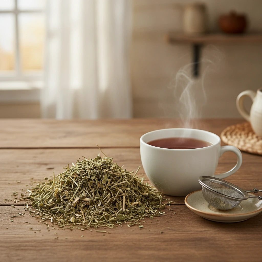 Parasite Herbal Tea | Can you show this tea outside of the bag and bowl, on a table next to a hot tea cup in a rustic home.