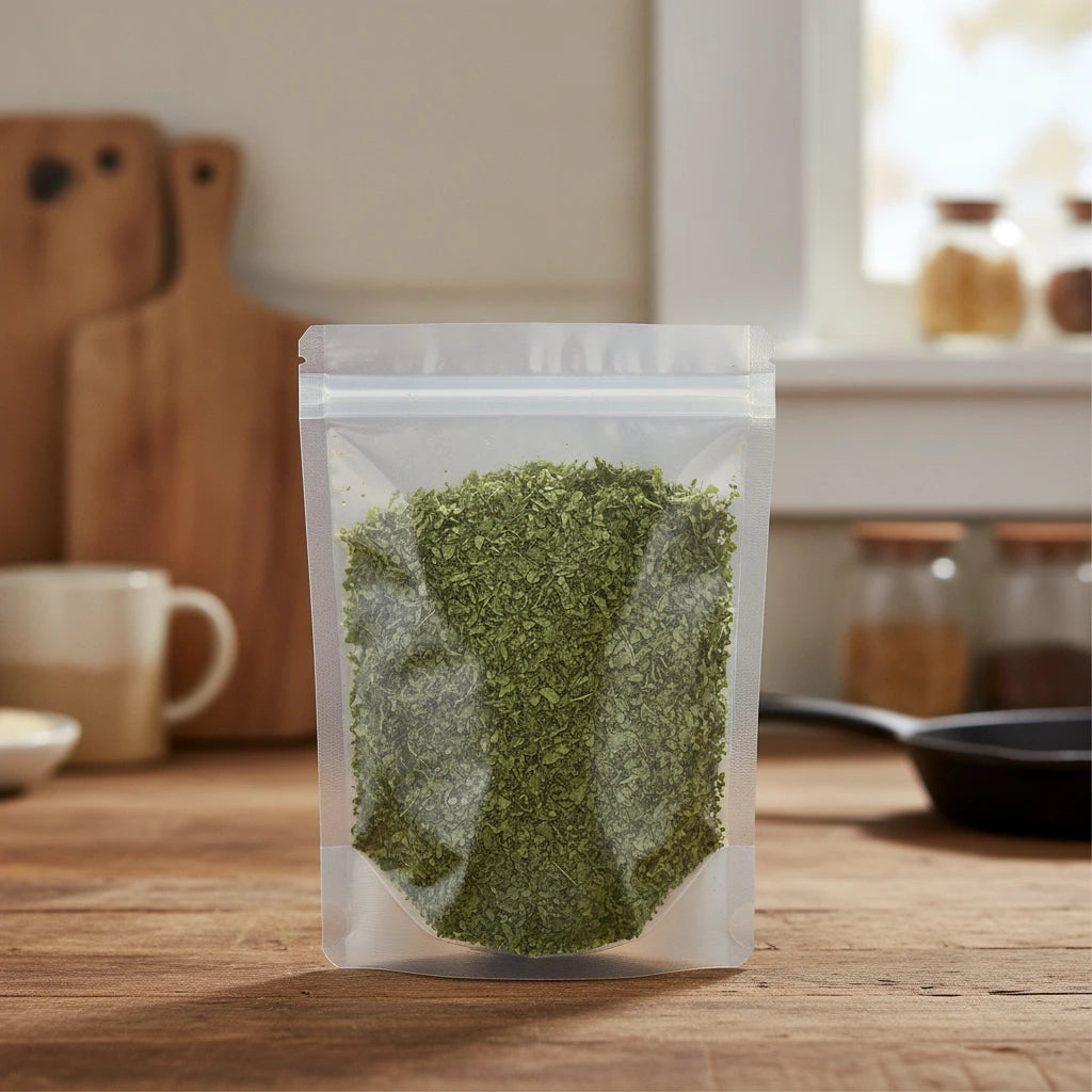 Parsley Leaf Flakes (California) (Petroselinum Crispum) | The herb/berry/powder/fruit/root/bark that is in the black bowl, i would like it to shown in a plastic stand up resalable pouch that is clear.