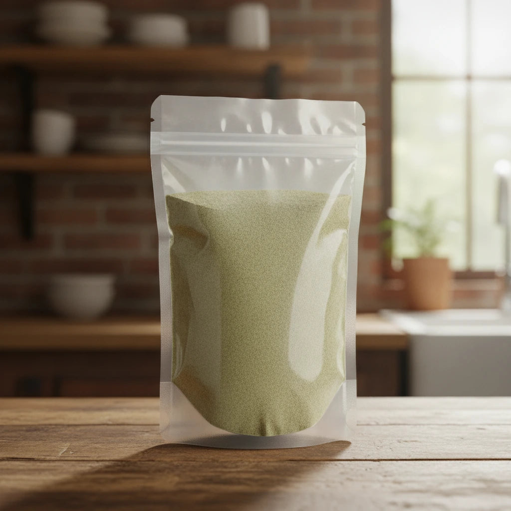 Parsley Root Powder (Petroselinum Crispum) | The herb/berry/powder/fruit/root/bark that is in the black bowl, i would like it to shown in a plastic stand up resalable pouch that is clear.