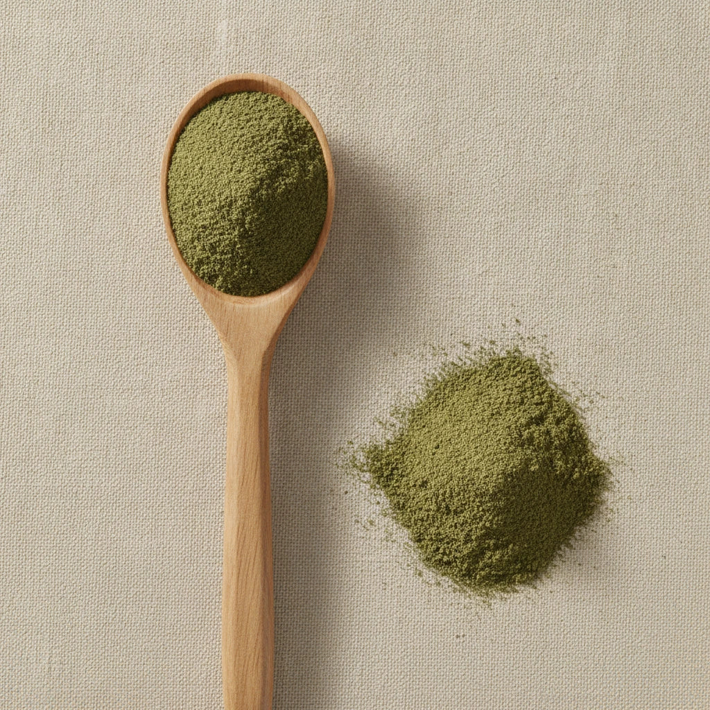 Passion Flower Herb Powder (Passiflora Incarnata) | Create a luxurious, photorealistic product photograph featuring the original product naturally arranged in an elegant handcrafted wooden spoon on a soft, finely